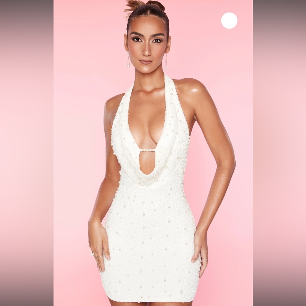 Oh Polly Versailles Dress Deep Plunge Embellished Mini Dress in White